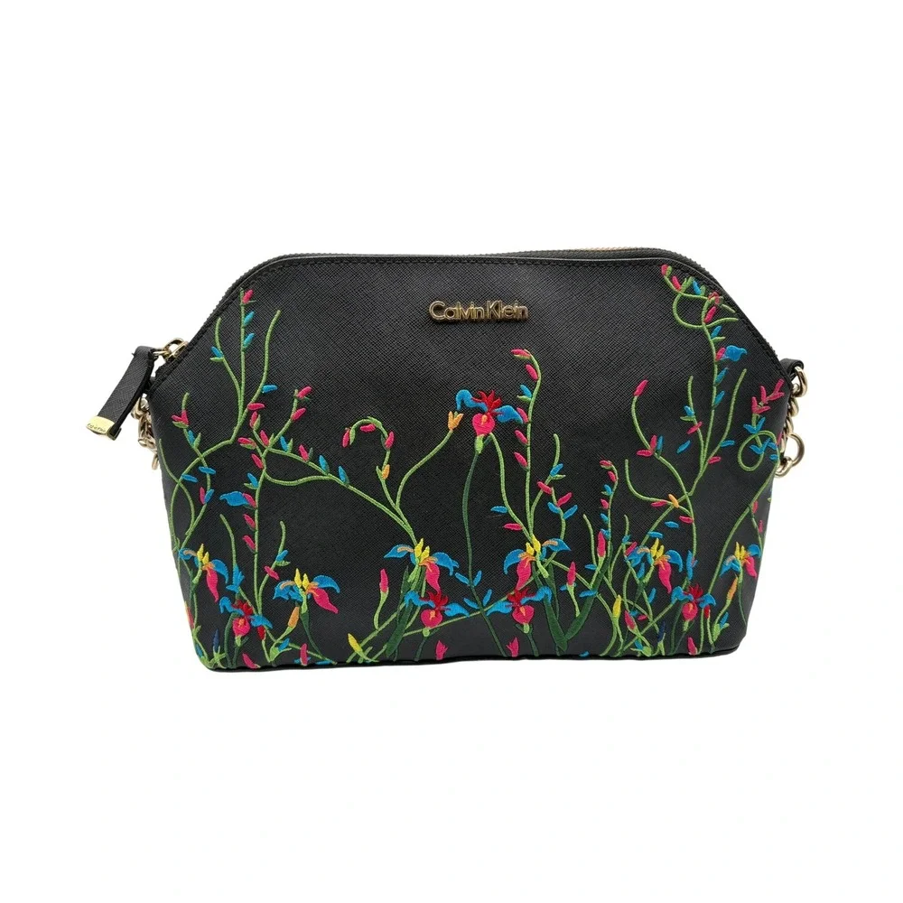Calvin Klein Crossbody Bag Womens Medium Black Excellent Floral Embroidered Dome
